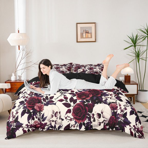 Homewish Floral Skull Skeleton Bedding for Gifts, Cream Red Rose Gothic Duvet Cover Full, Black Reversible, 3-Piece, 1 Duvet Cover and 2 Pillowcases