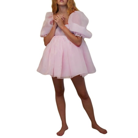 

Women Puffy Dress Solid Color Square Neck Bubble Sleeve One-Piece