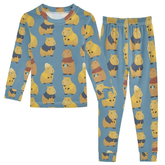 joogoo Capybara Blue 2 Piece Long Sleeve Tee and Pants Cotton Pajama Set 5Y