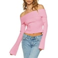 thumbnail image 2 of Womens Off Shoulder Ribbed Knit Crop Sweaters Long Sleeve Slim Pullover Jumper Tops, 2 of 6