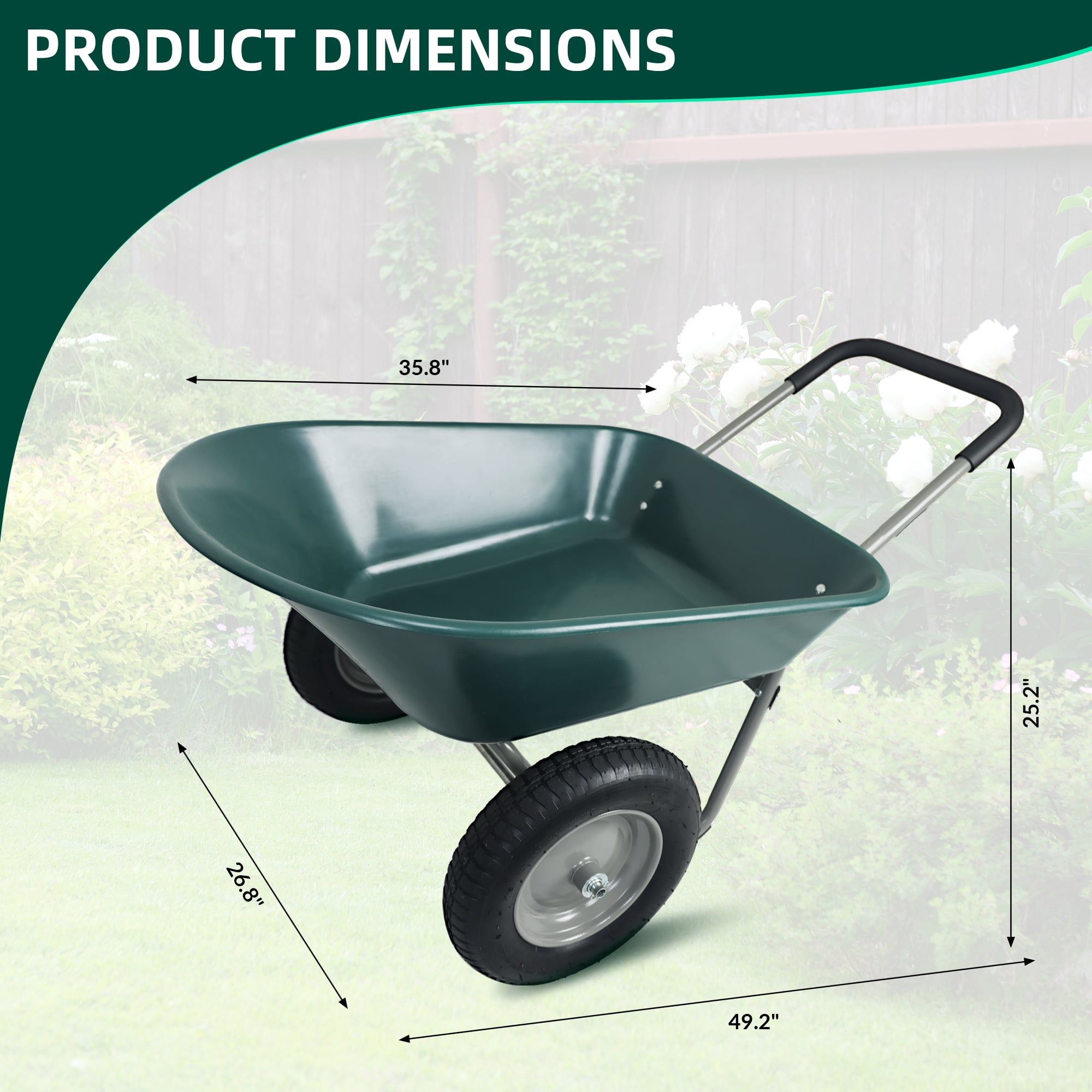 BalanceFrom Dual-Wheel Garden Wheelbarrow with Pneumatic Tires and Reinforced Structure - 50"L x 27"W x 26"H, 300 lbs Capacity, Easy Assembly