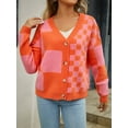 thumbnail image 4 of Womens Color Block Plaid Button Down Cardigan Long Sleeve Cable Knit Checkered Sweaters Tops Y2k Aesthetic Clothes Orange L, 4 of 10