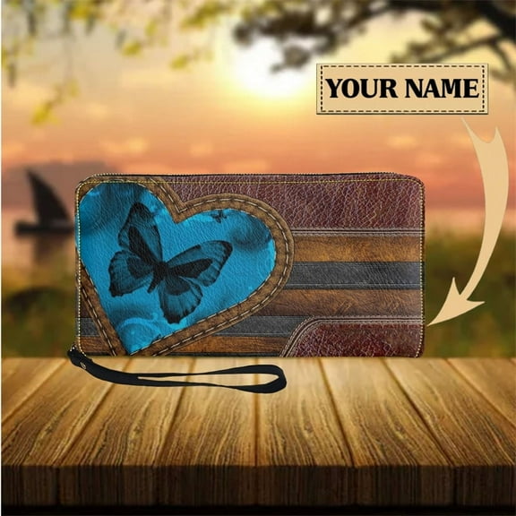 Personalized Women's Wallet Butterfly Pattern Leather Girls Purse Zipper Slim Wrist Strap Purse Female carteras de mujer