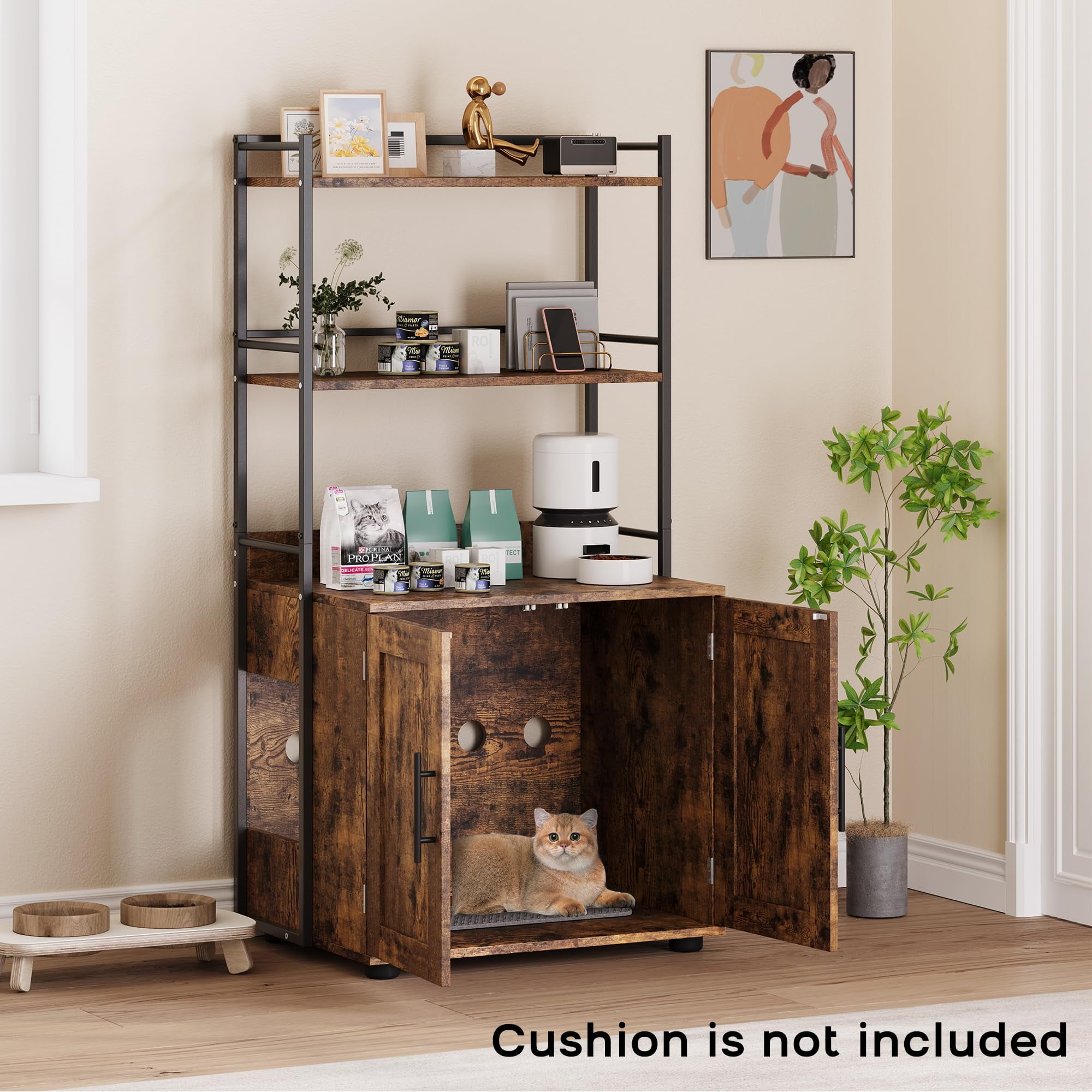 Cat Litter Box Enclosure with Shelf Storage, 2-in-1 Hidden Cat Washroom Furniture, Indoor Cat Cabinet, Hidden Cat Box Enclosure with 3 Shelves and Door, Cat House for Most Litter Box