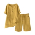 thumbnail image 4 of Women's Half Placket V Neck 3/4 Sleeve Top Drawstring Pocket Bermuda Shorts 2 Piece Outfit, Solid Summer Beach Casual Matching Set Yellow XXXXXL(XXXXXL), 4 of 7