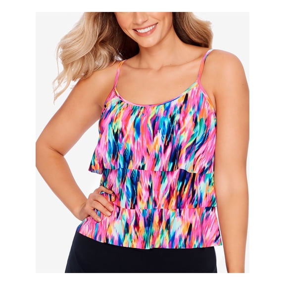 SWIM SOLUTIONS Women's Pink Printed Stretch Full Bust Support Tiered Front Lined Adjustable Fixed Cups Scoop Neck Tankini Swimsuit Top 14
