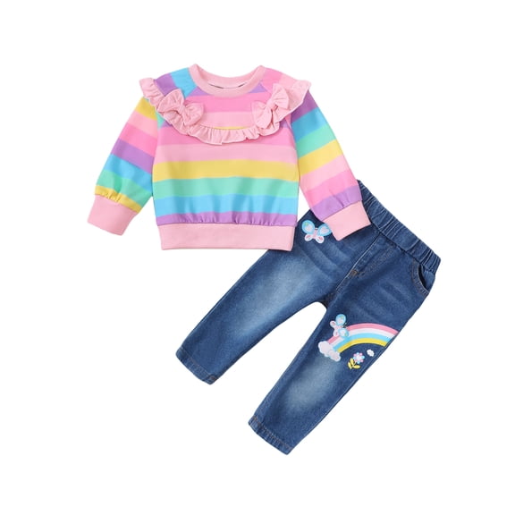 KIMI BEAR Toddler Baby Girls Pant Sets Fall 4-5T Toddler Girls Clothing Sets Ruffle Long Sleeves Top Rainbow Print Denim Pants 2PCS Outfits Autumn Pink