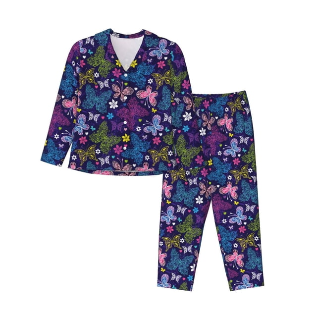 Balery Colorful Butterflies Conjunto de Pijama con Estampado para Mujer, Conjunto de Dos Piezas con Manga Larga, Ropa de Dormir Suave con Bolsillos, Pijamas Cómodos-Large
