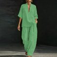 thumbnail image 2 of Two Piece Sets for Women Summer Casual Outfit Sets Fashion Stripes Printed V Neck Short Sleeve Topss and Wide Leg Double Pocket Pants Set Vacation Travel Outfits Fashion 2026, 2 of 6