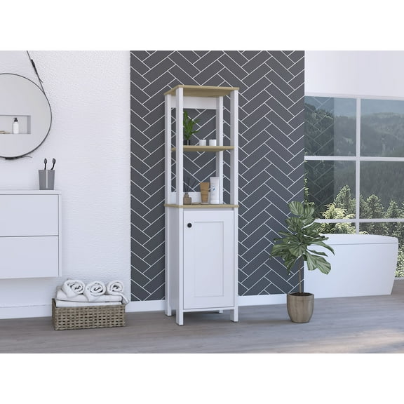 Oak/white Linen Cabinet Featuring Two Open Shelves And Four Legs Single Door In