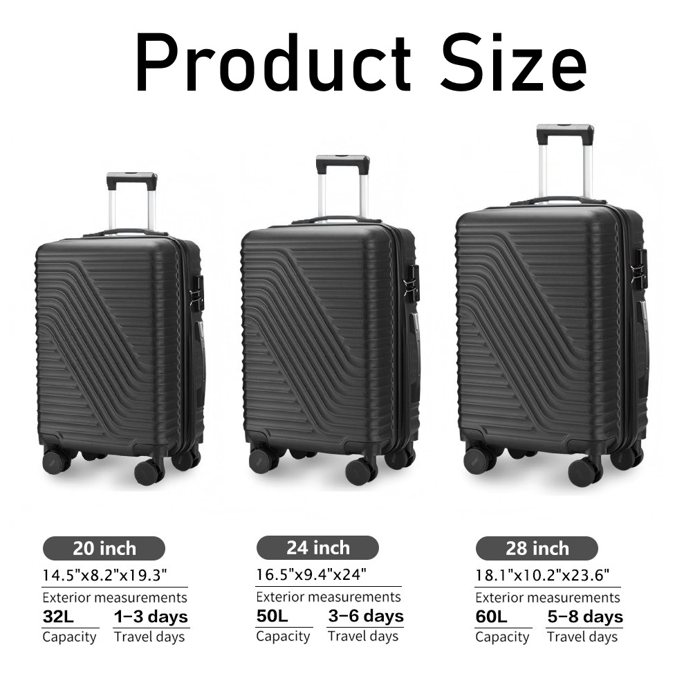 SUGIFT 3 Piece Luggage Sets, 20/24/28 inch Suitcase Sets with Spinner Wheels, Hardside Luggage Set, Dark Black