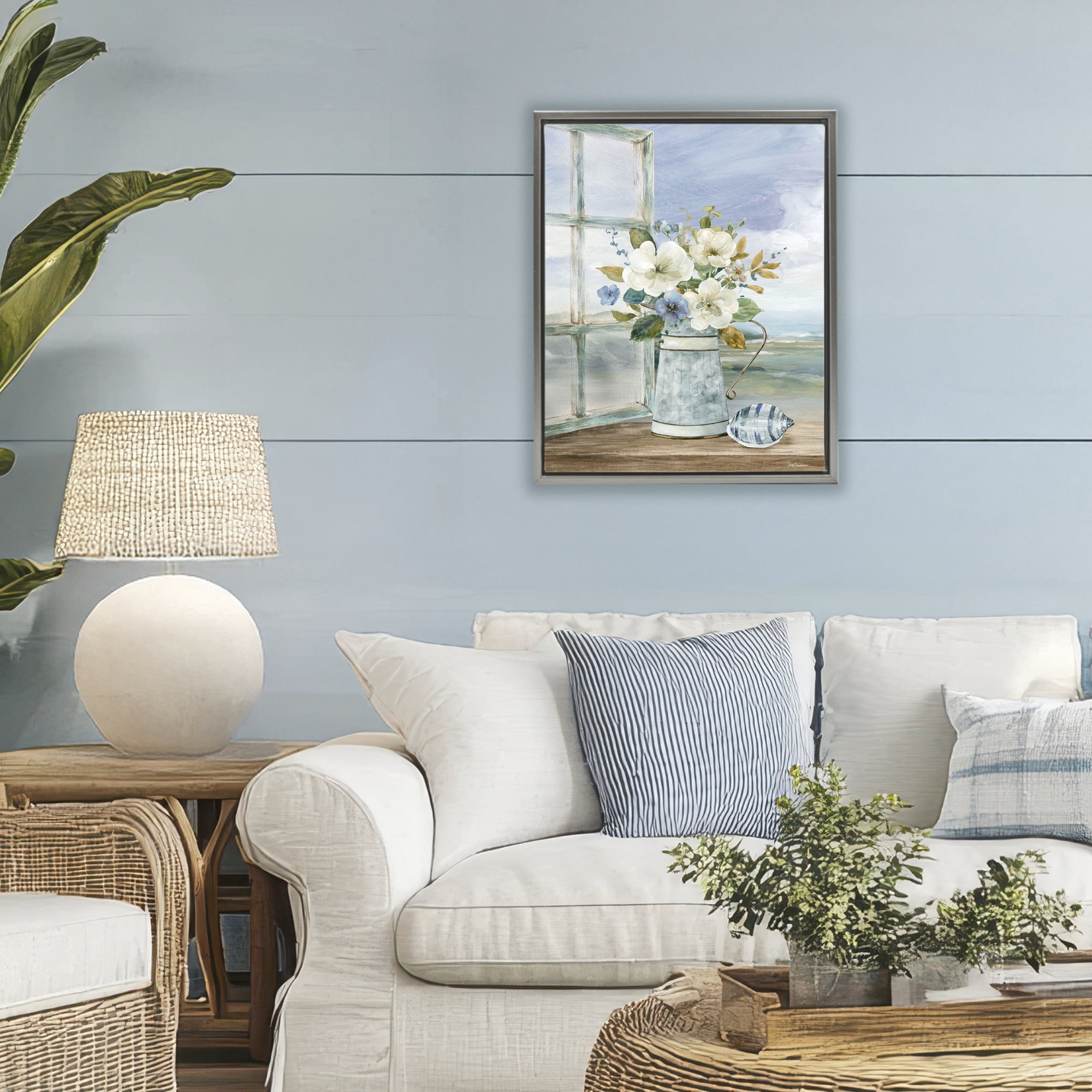 Stupell Industries Seaside Floral Bouquet Window Gray Framed Floater Canvas Wall Art, design by Carol Robinson