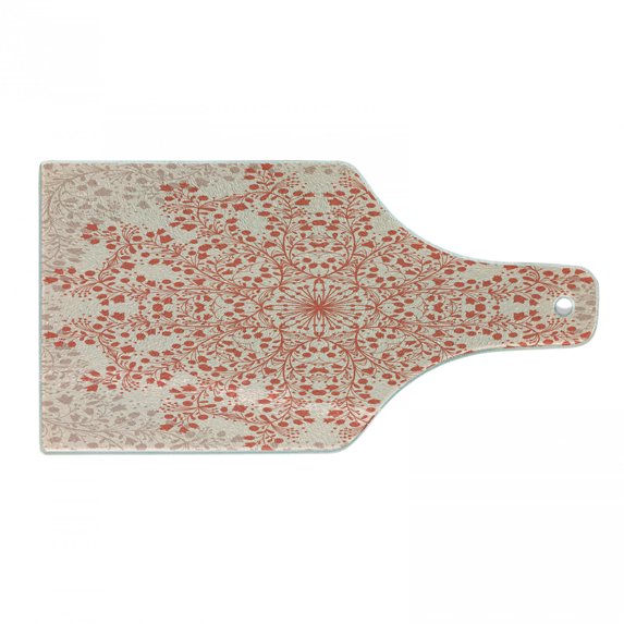 Mandala Cutting Board, Rural Meadow Wild Flowers Twigs and Blooms Round Bouquet Corsage Pattern, Decorative Tempered Glass Cutting and Serving Board, Wine Bottle Shape, Peach Salmon, by Ambesonne