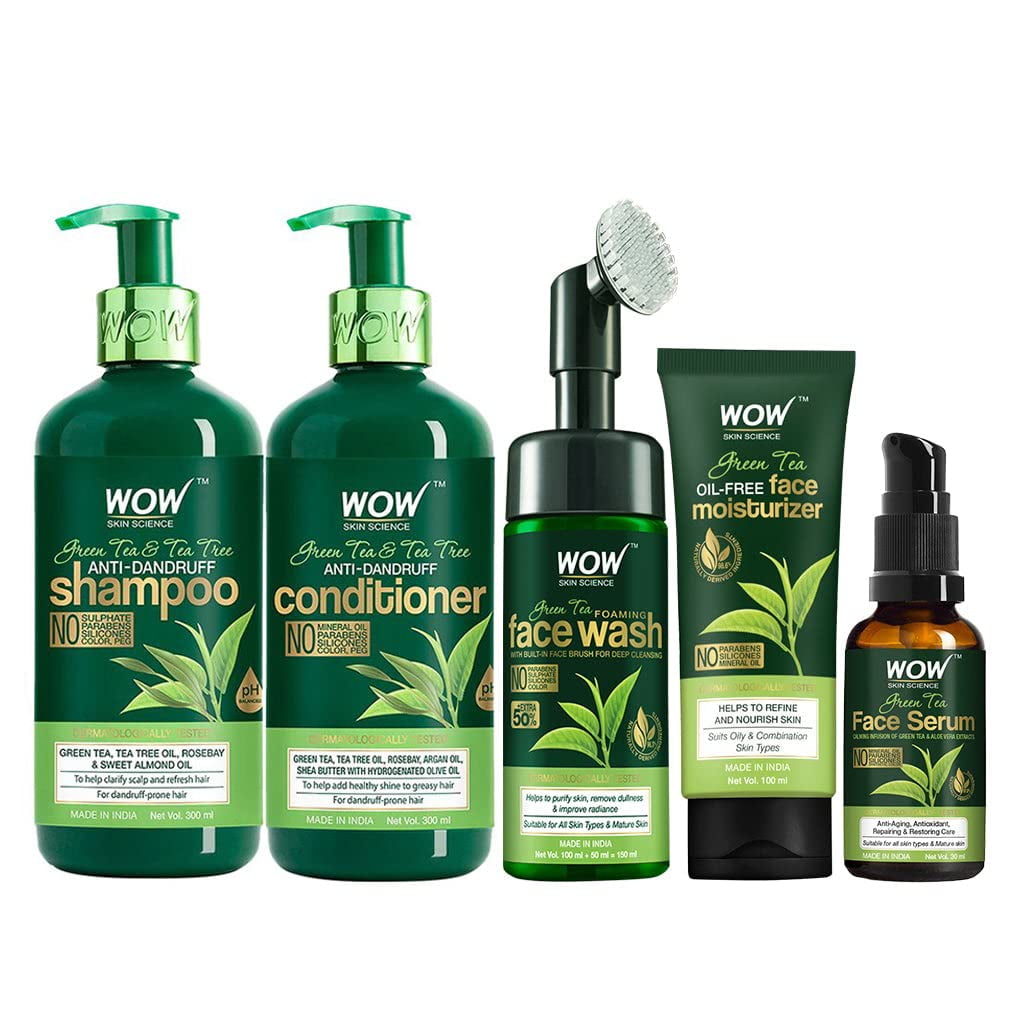 WOW Skin Science Green Tea Ultimate Hair & Face Care Kit - consists of  Shampoo, Conditioner, Face Wash, Moisturizer & Serum - Net Vol 880mL -  