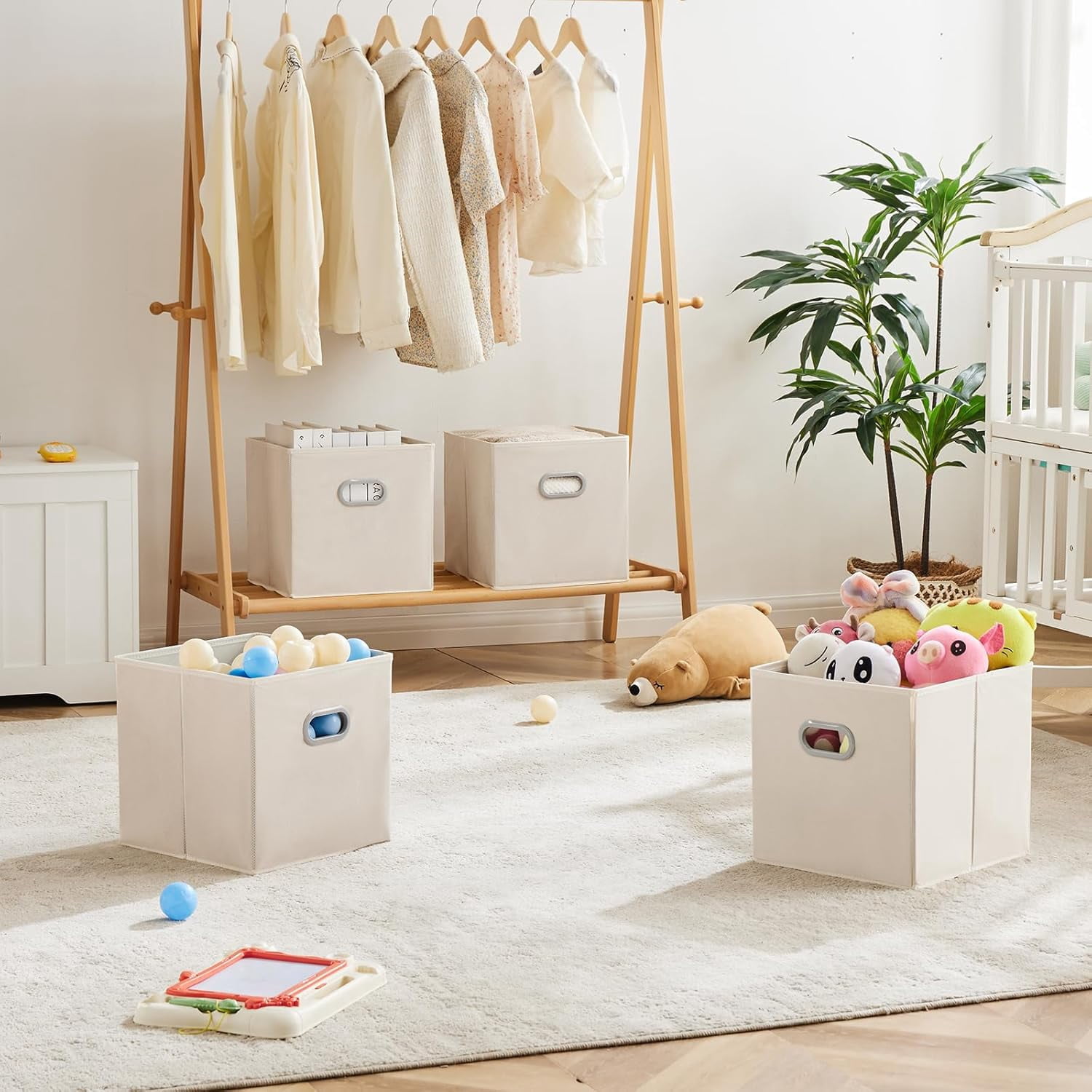 6 Pack Foldable Fabric Storage Bins with Handles - Ideal for Closet Organization, Bedroom and Nursery（ Beige, 12"x12"x12"）
