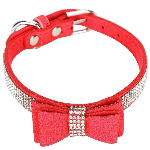 Red XS 30x1.5cm Suede Microfiber Double Bowknot Crystal Sparkle Rhinestone Cat Collar Pet Supply