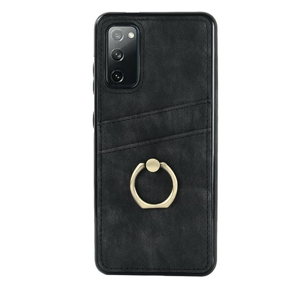 Slim Fit Case for Samsung Galaxy S20 FE 6.5 Inch with Ring Holder Stand Bracket Card Slots Phone Cover, Soft TPU PU Leather Shockproof Anti-Drop Protective Case for Samsung Galaxy S20 FE,Black