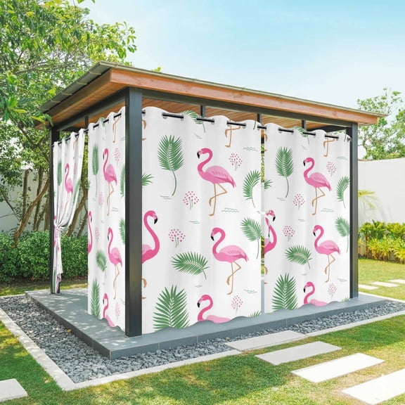 Pink Flamingos Outdoor Curtains for Patio Waterproof,Windproof Privacy Curtains with Weighted Bottom,Summer Green Tropical Palm Leaves Outside Drapes for Picnic Garage Backyard Cabana 54"x95" 2 Panel