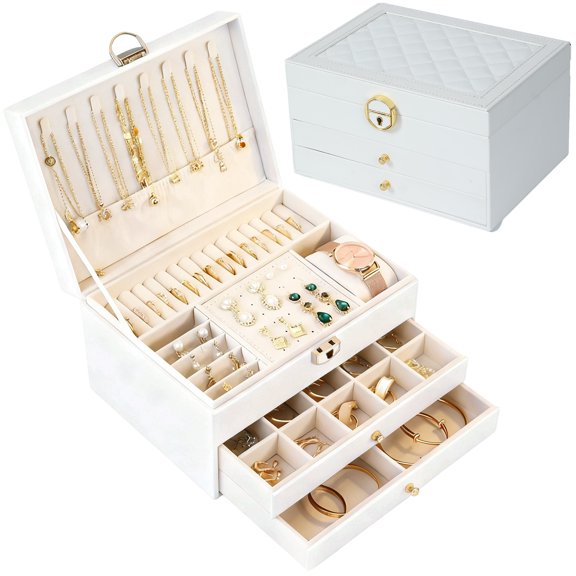 Topsome 3-Layer Jewelry Box for Women Girls, Jewelry Organizer and Storage Case with Lock and Drawers, Large Capacity Jewelry Holder for Earrings, Rings, Necklaces, Bracelets, Gift for Women