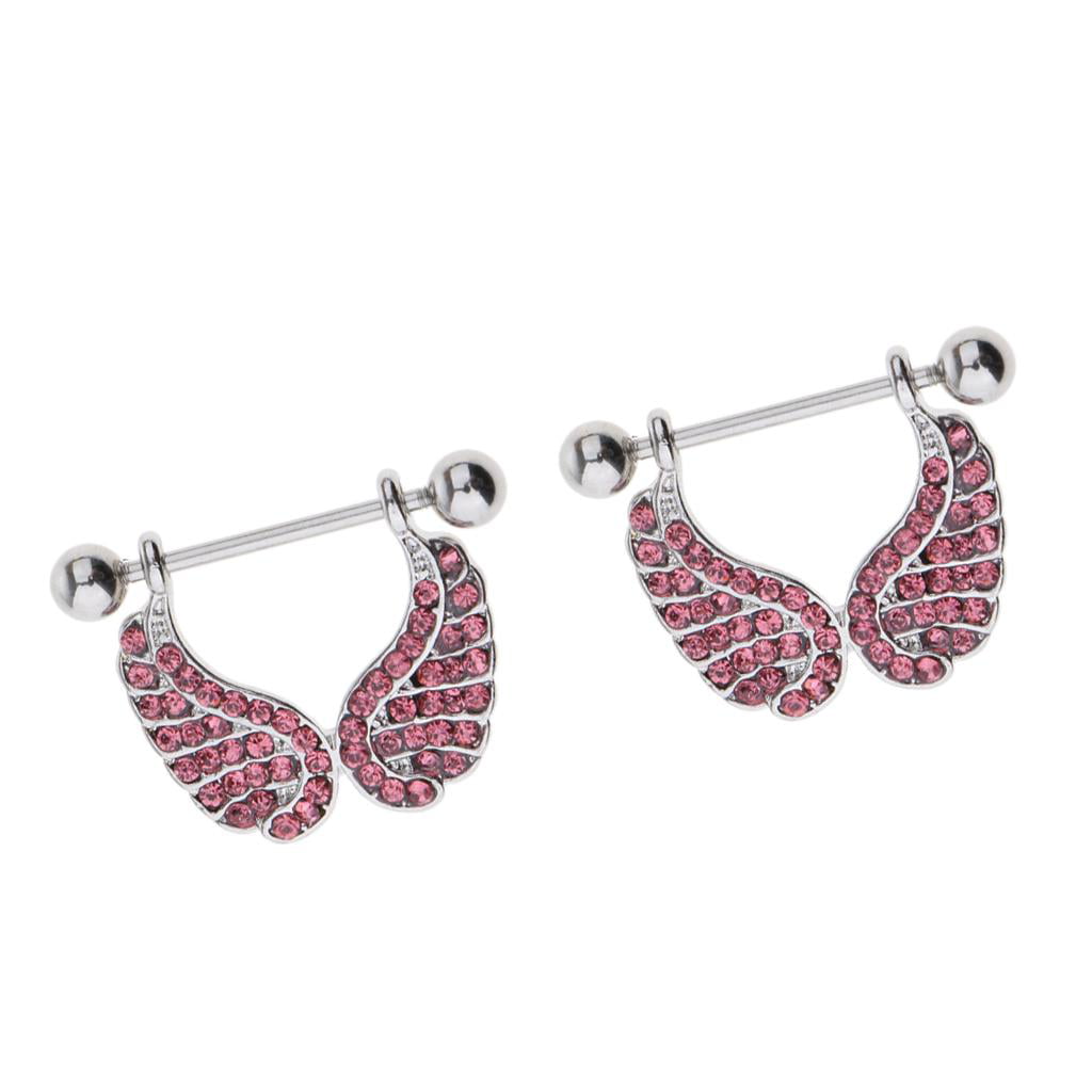 Pair Stainless Steel Angel Wing Rose Nipple Ring Bar Shields Body Jewelry 