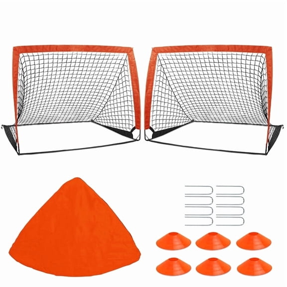 2 Set Soccer Goal 4'x 3' Portable Kids Soccer Goals for Backyard or Indoor Pop Up Soccer Net with 6 Training Cones, Carrying Bag, 8 Ground Stakes(Orange)