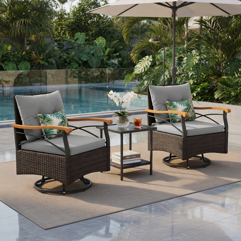 Hommoo 3-Piece Outdoor Swivel Chair Set with Tempered Glass Side Table, Cushions, PE Rattan, Acacia Wood Armrests, Gray