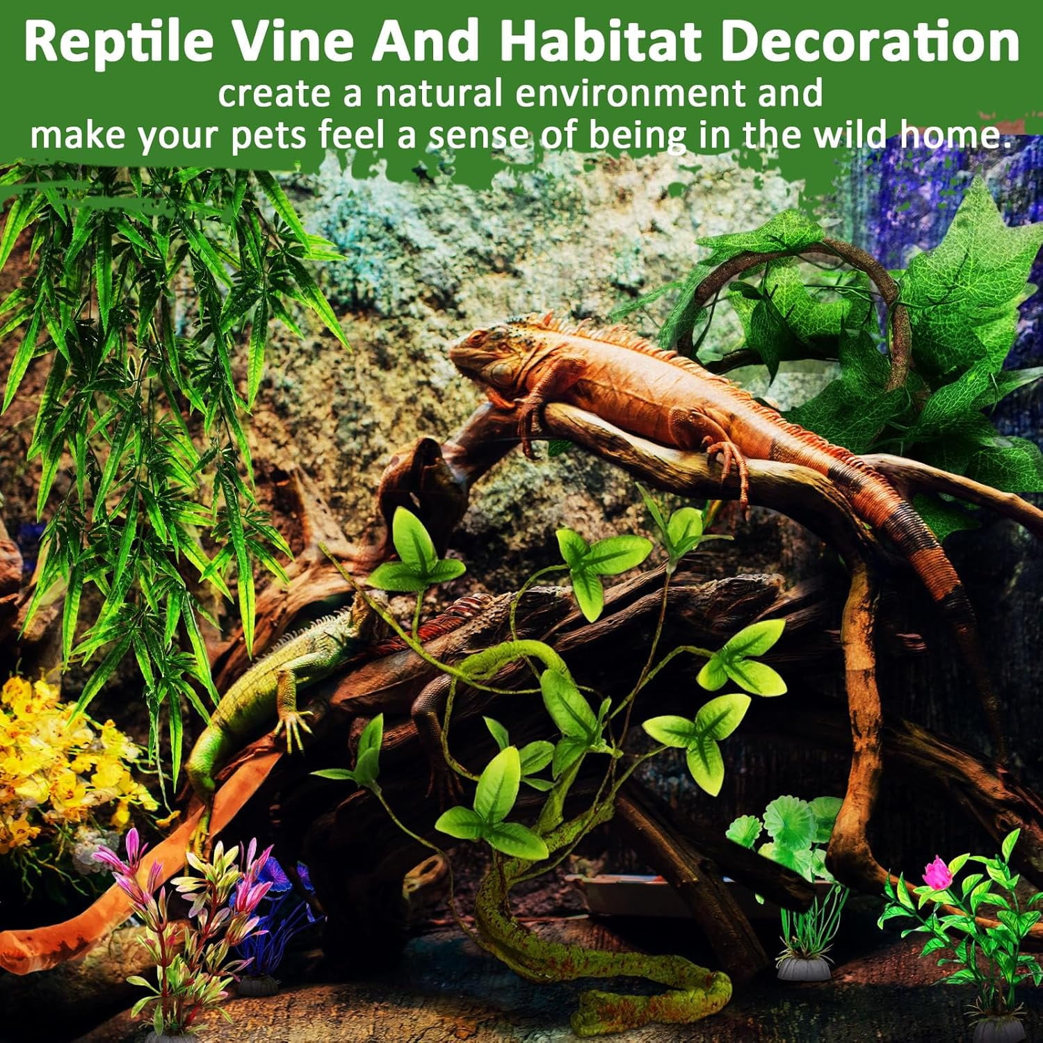 VNEKVA Bearded Dragon Tank Accessories Set, Reptile Bridge Hammock with Vines, Feeding Bowl & Hide Cave