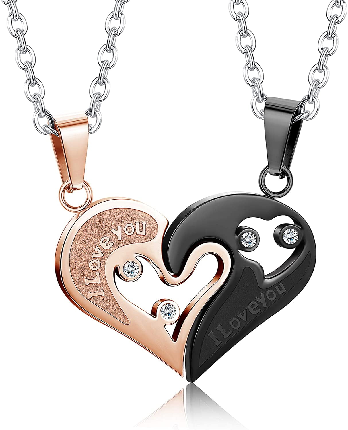 Stainless Steel Mens Womens Couple Necklace Friendship Puzzle Cz Love Matching Heart Pendants Black Rose Gold Walmart Com