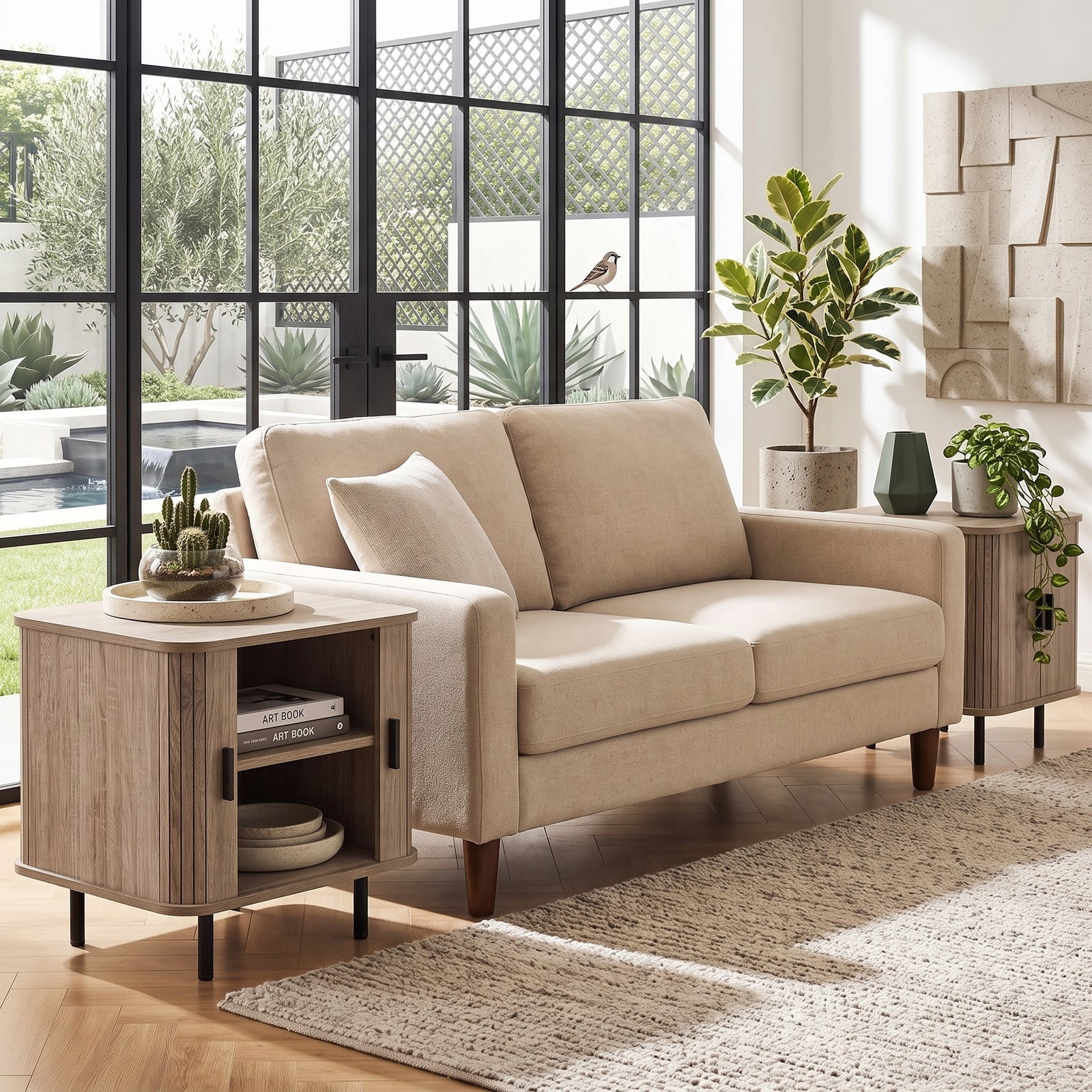Furnibear End Table Modern Mid Century Nightstand with Sliding Tambour Doors and Storage Shelf for Bedroom Living Room, Natural