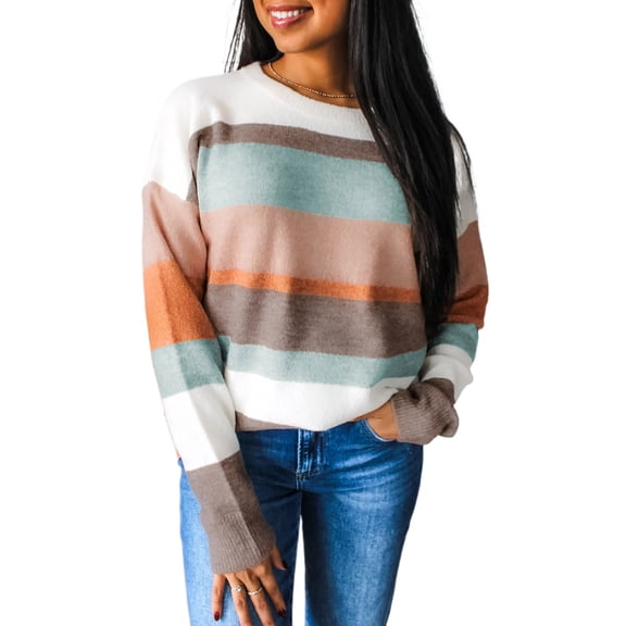 Women's White Striped Color Block Sweater - Casual Daily Wear [ZhiHiMeRi] | XL