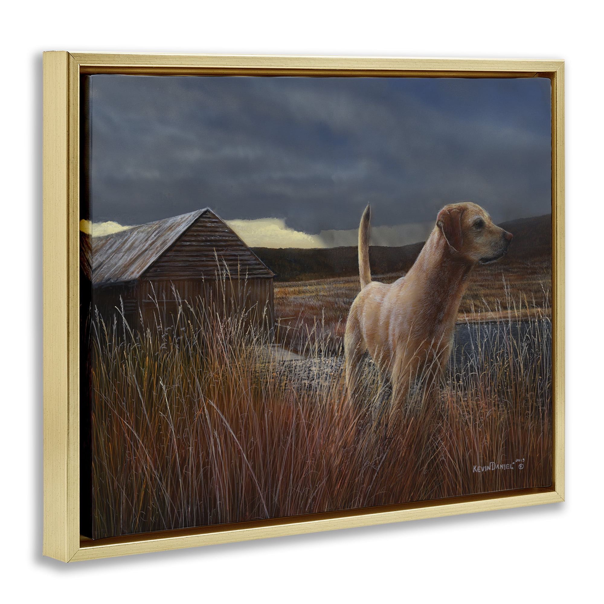 Stupell Industries Alert Dog by Cabin Landscape & Nature Painting Gold Floater Framed Canvas Art Print Wall Art, 21 x 17