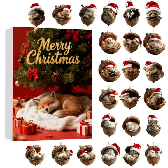 2026 New Forest Animal Advent Calendar - 24pc Rustic Acorn & Animal Ornaments, Cozy Nature-Themed Christmas Countdown Calendar, 2D Acrylic Hanging Ornaments for Xmas Tree Backbag Decorations