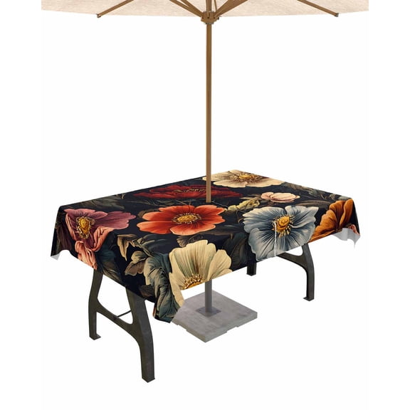 nqOlkjepod Colored Flower Outdoor Tablecloth with Umbrella Hole & Zipper, Retro Country Red Blue Floral Wildflower Rectangle Table Cover 60x84 Inch, Dining Waterproof Table Cloth Protector for Patio