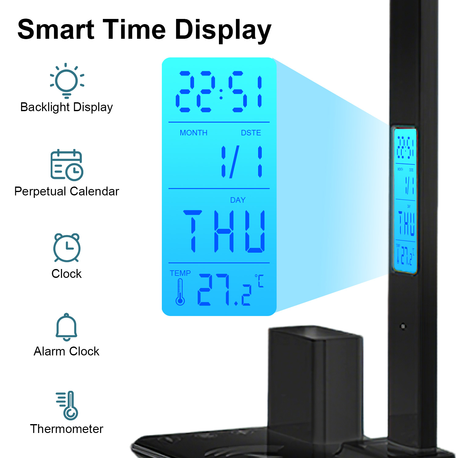 Desk Lamp, LED Desk Lamps for Home Office, Wireless Charger Touch Table Lamp with Pen Holder, Dimmable Office Desk Light with Clock, Alarm, Date, Temp, Foldable Lamp for Table Bedroom Office, Black