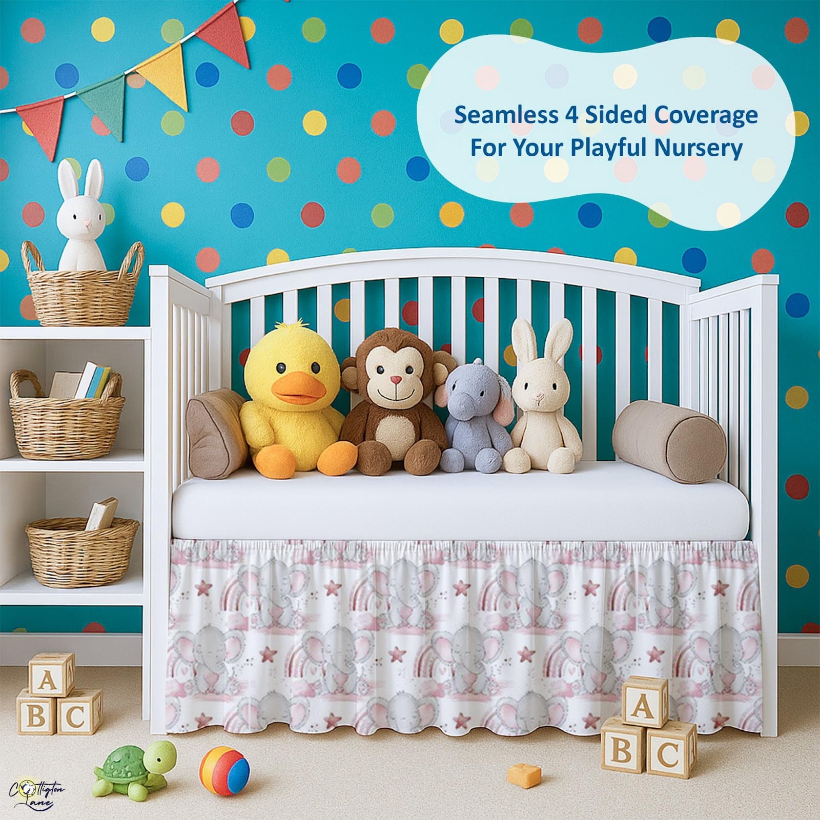 Skirt Dust Ruffle  Soft & Durable Bedding For Or Fits Standard 28" X 52" With 14" Drop Classic Ruffled Design Cute Elephant