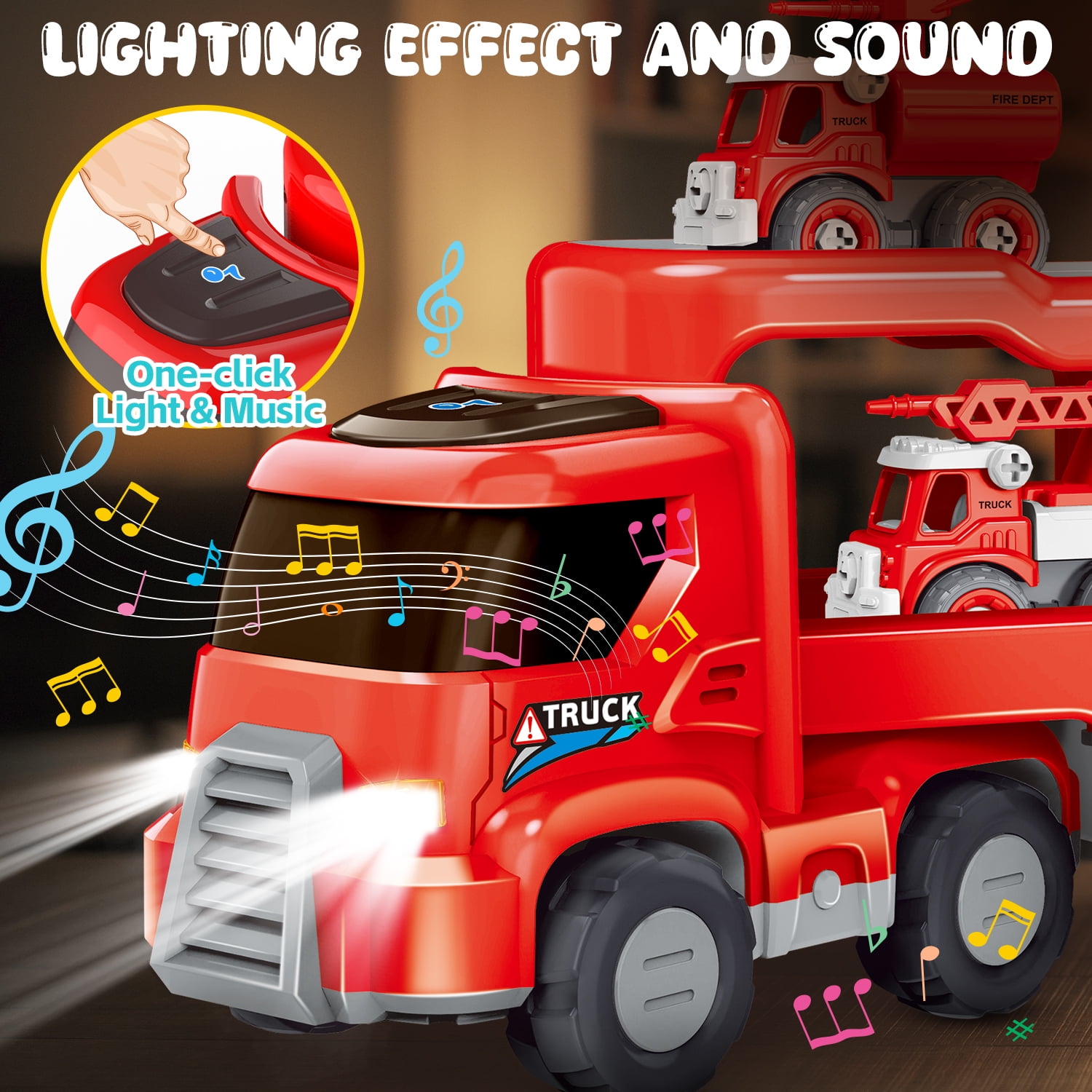 WonderStone 5-in-1 Fire Truck Toy with Light & Sound, Push Cars for Boys Kids 1-8 Birthday Gift