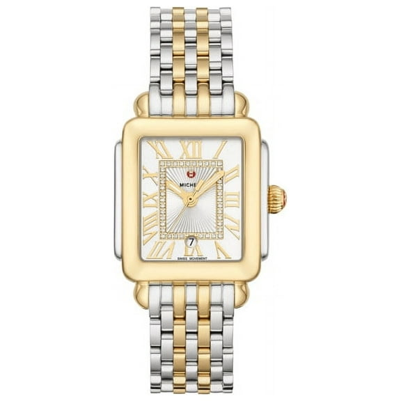 Michele Deco Madison Mid Two-Tone Steel Diamonds Silver Dial Date Rectangle Womens Watch MWW06G000013