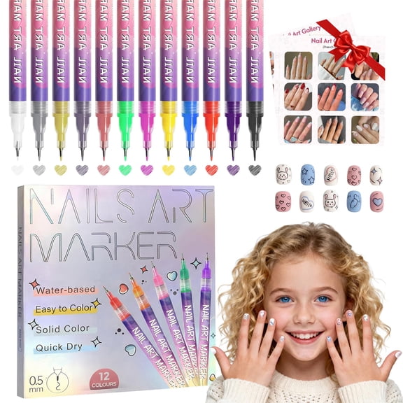 Nail Art Pens for Painting Nails 12 Colors Nail Art Markers Set with 0.5 mm Fine Tip, Instructions Included, Nail Doodle Pens for Girls Kids Women