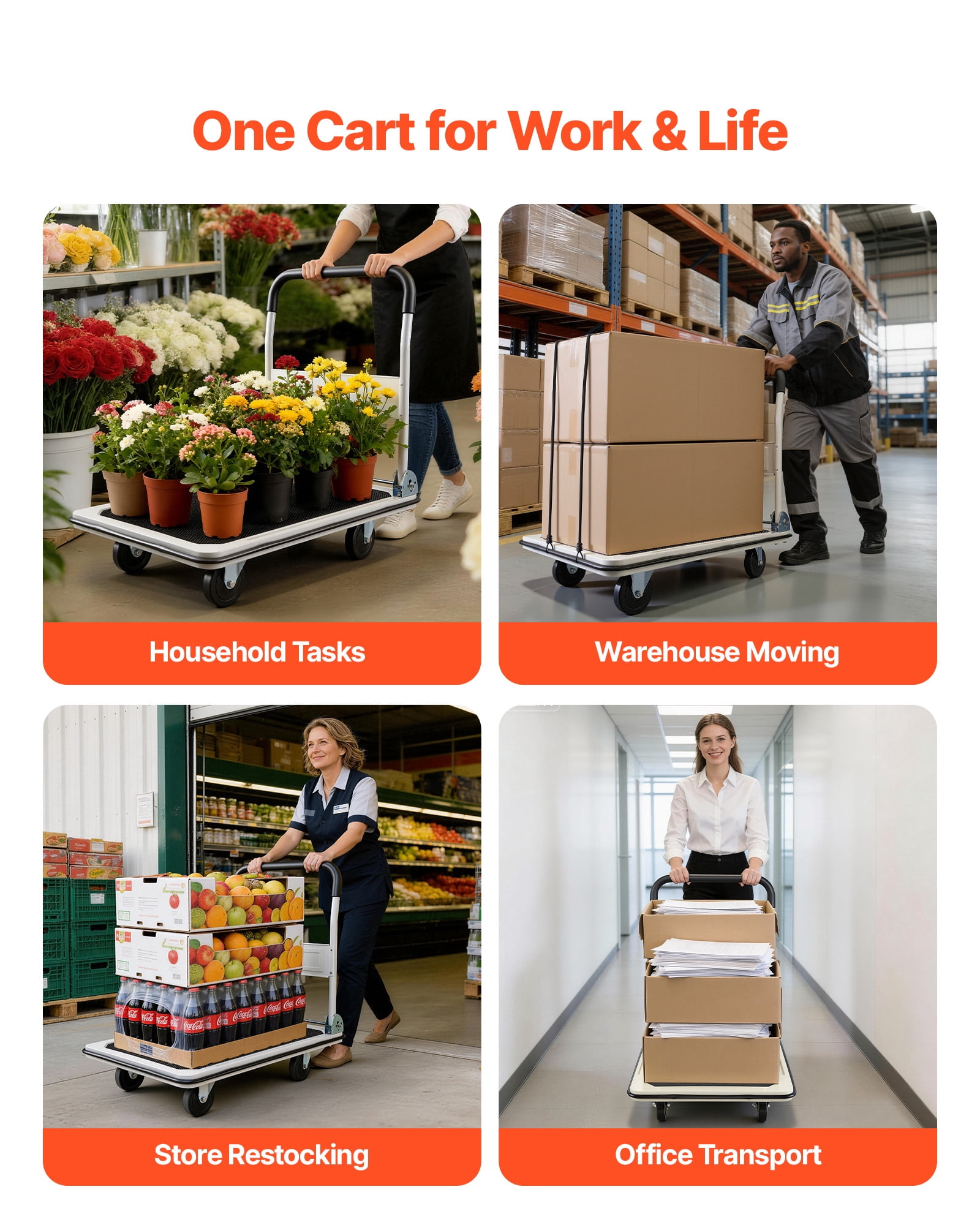 VEVOR Foldable Push Cart Dolly, 660 lbs Load Capacity, Folding Platform Truck with Swivel Wheels, Moving Platform Hand Truck Flatbed Cart, Space Saving Push Handle, 35.4 x 34.3 x 24 in