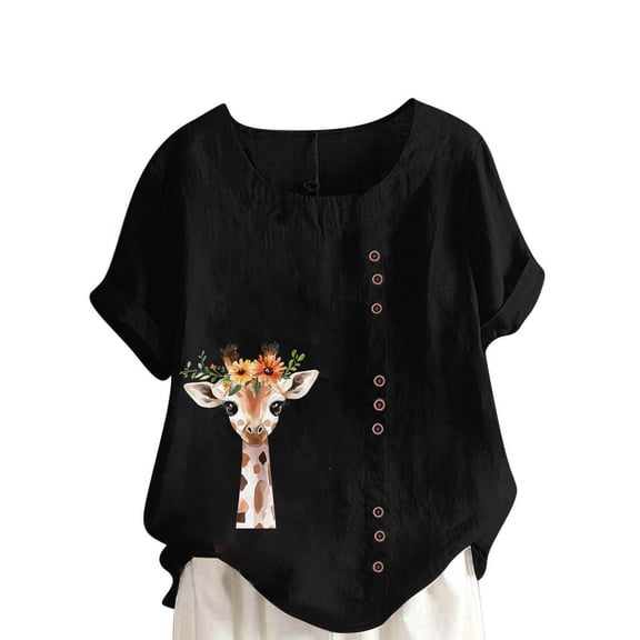 Fmbrln Linen Shirts for Women Plus Size Summer Short Sleeve Crew Neck Button Cute Print Tops Casual Loose Lightweight Blouses