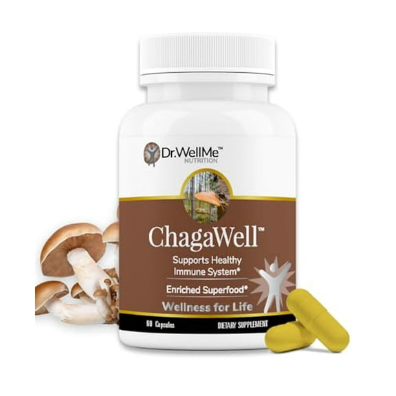 DR WELLME NUTRITION ChagaWell™ 500mg Chaga Mushroom Capsules - Focus, Mental Clarity, Immune Booster for Men and Women, Non-GMO & Gluten Free Supplement (60 Capsules)