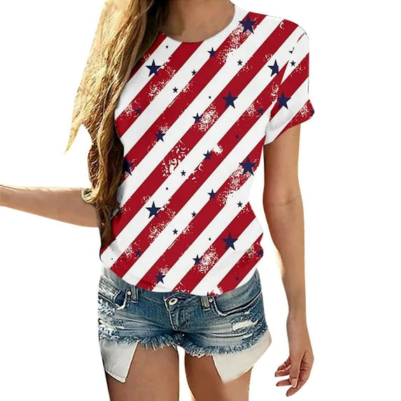 asdoklhq Womens Plus Size Tops,Women Summer Independence Day Printing Blouse Tees Casual Crewneck Short Sleeve T-Shirts Tops