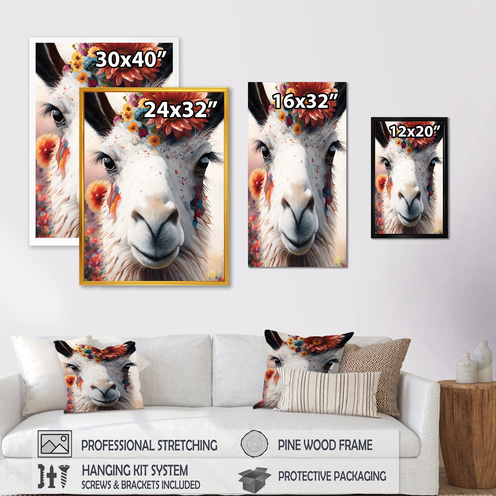 Designart Llama With Flowers II Canvas Wall Art