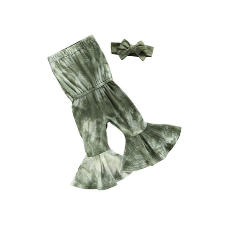 

Seyurigaoka Baby Tie-dye Clothes Set Low-cut Flared Jumpsuit+Bow-knot Headband