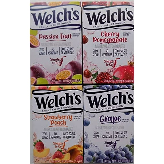 Variety Pack Welch's Singles to Go Flavored Drink Mix - Passion Fruit - Cherry Pomegranate - Strawberry Peach - Grape - Pack of 4, 6 Count (Pack of 4)