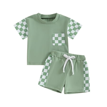 

Suanret Toddler Baby Boys Girls Summer Shorts Clothes Checkerboard Patchwork Short Sleeve T-Shirts Shorts Green 0-6 Months