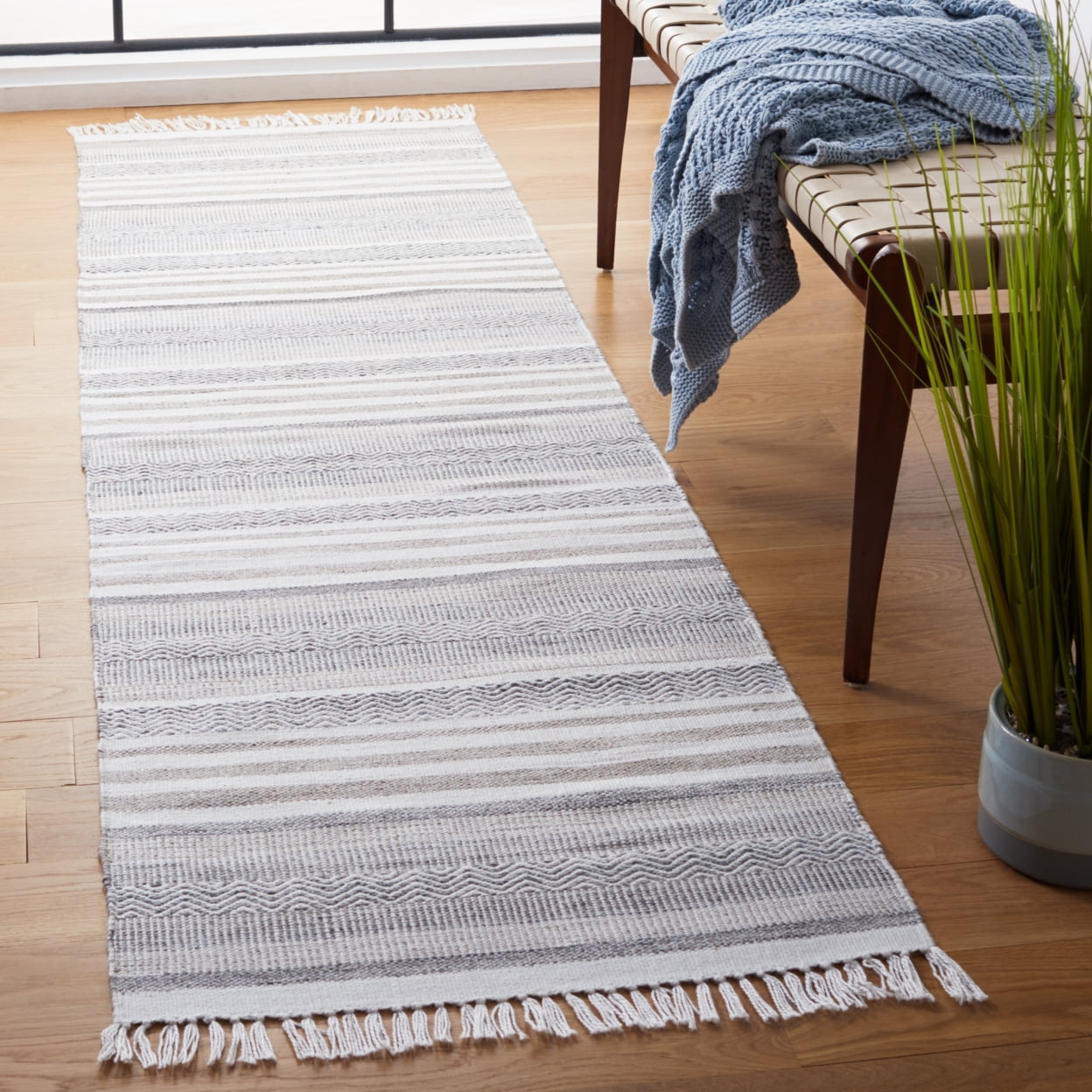 SAFAVIEH Kilim Malena Striped Polyester Area Rug, Ivory/Charcoal, 8' x 10'
