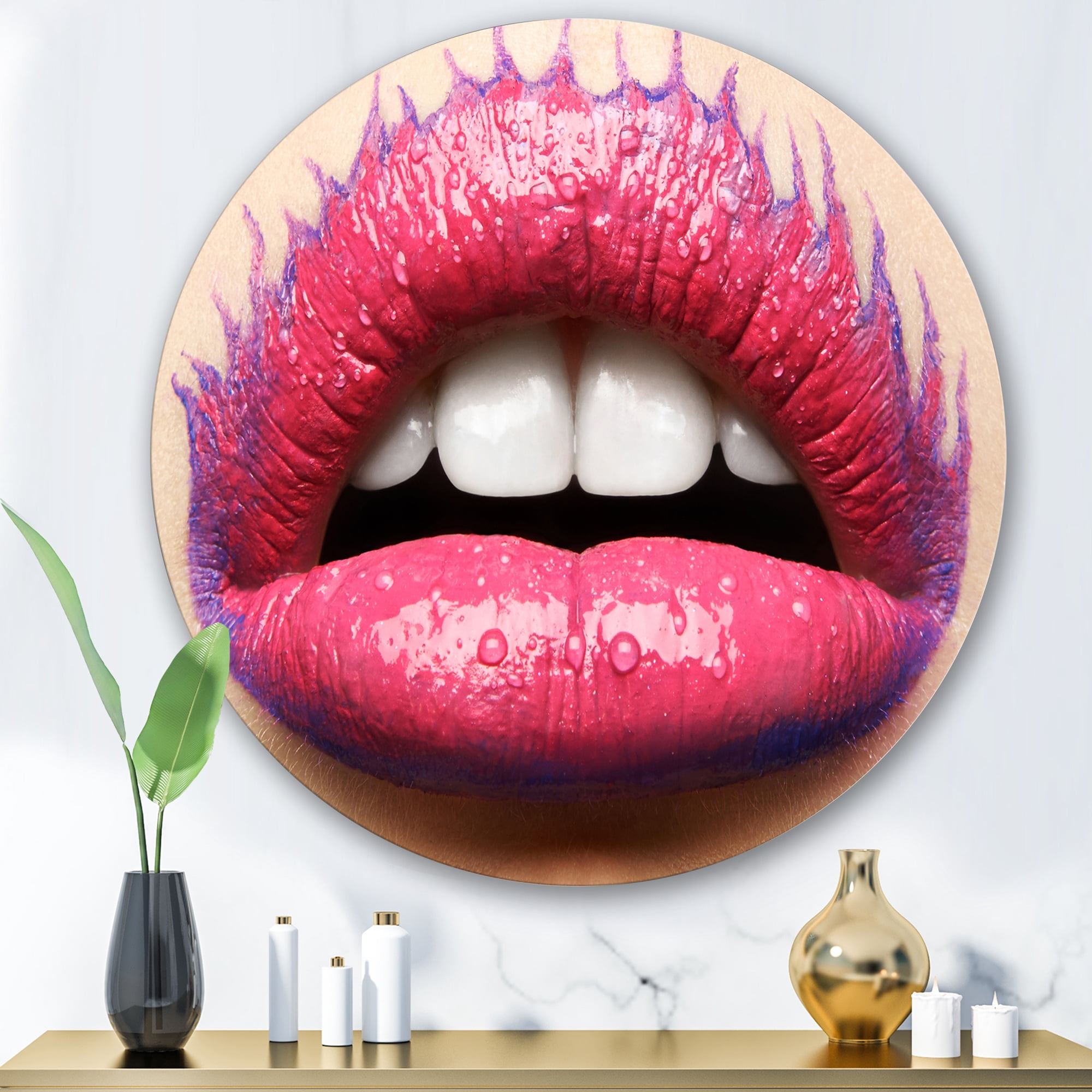 Designart 'Beautiful Woman Lips With Pink Lipstick' Modern Circle Metal Wall Art 29x29 - Disc of 29