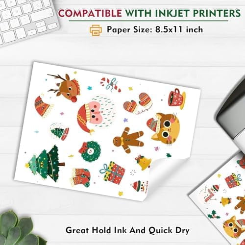 Tekola 60 Sheets Premium Printable Vinyl Sticker Paper for Inkjet Printer, Matte White Adhesive Paper Waterproof, Durability Adhesive Paper 8.5x11, Fast Dry, Holds Ink Well, Great for Cutting Mac
