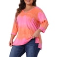 thumbnail image 4 of Tops de mujer plus size Agnes Orinda con rayas de teñido anudado, cuello en V, mangas 3/4, blusas casuales 1X en rosa, 4 of 7